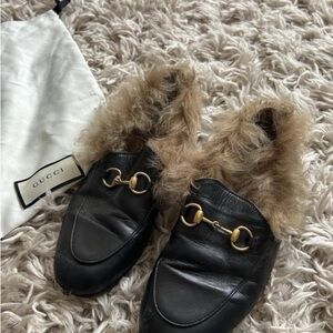 Gucci Black Leather Mules with Fur Lining